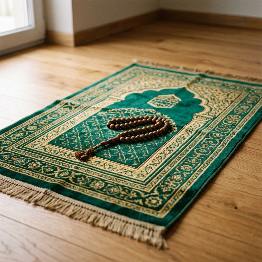 Prayer mat and tasbeeh beads for Salah