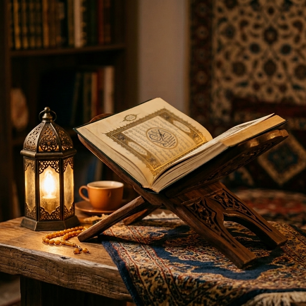Muslim reading the Quran during Ramadan by soft light