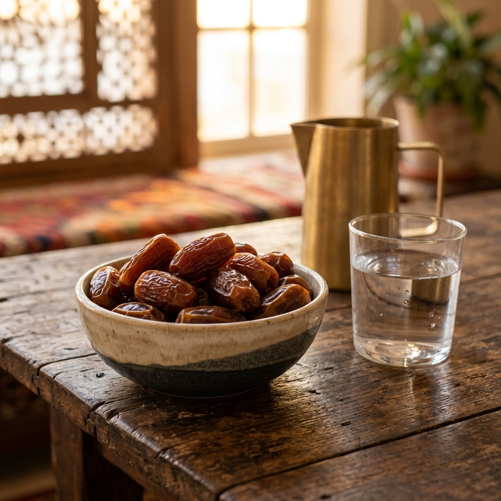 Bowl of dates and a glass of water for Iftar, representing breaking the Ramadan fast
